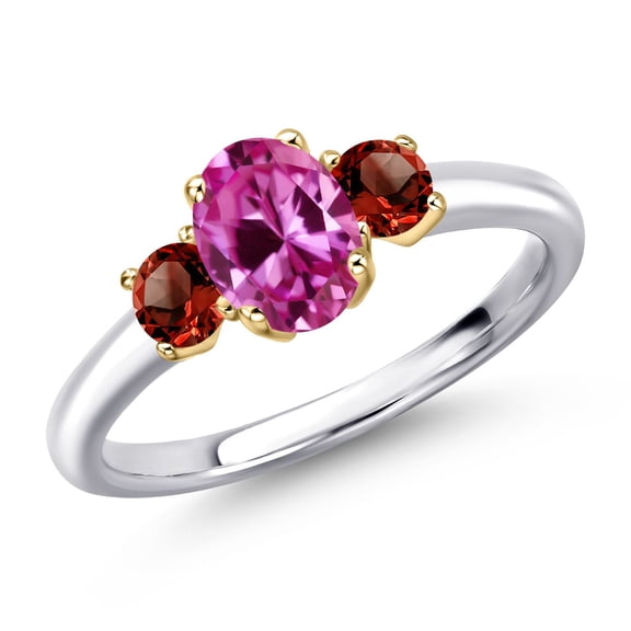 Gem Stone King 925 Silver and 10K Yellow Gold Pink Created Sapphire and Red Garnet Engagement Ring for Women | 1.30 Cttw | Oval 7X5MM | Gemstone September Birthstone | Size 9