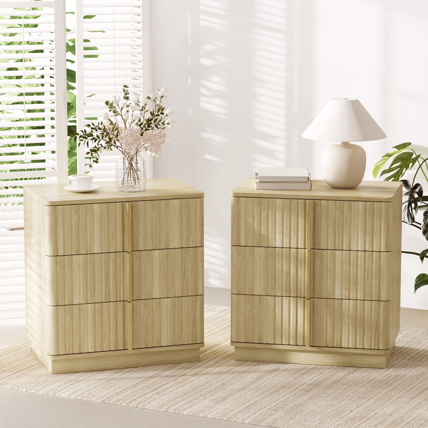Set of 2 Vintage 3 Drawer Nightstands with Vertical Stripe Design, Modern Bedside Tables, Retro Storage Cabinets, End Tables for Bedroom, Living Room & Home Office, Natural