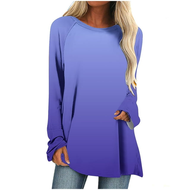 AherBiu Womens Tops 2024 Long Sleeve Casual Shirts Flowy Gradient Color Loose Fitting Fall Tops Tunics