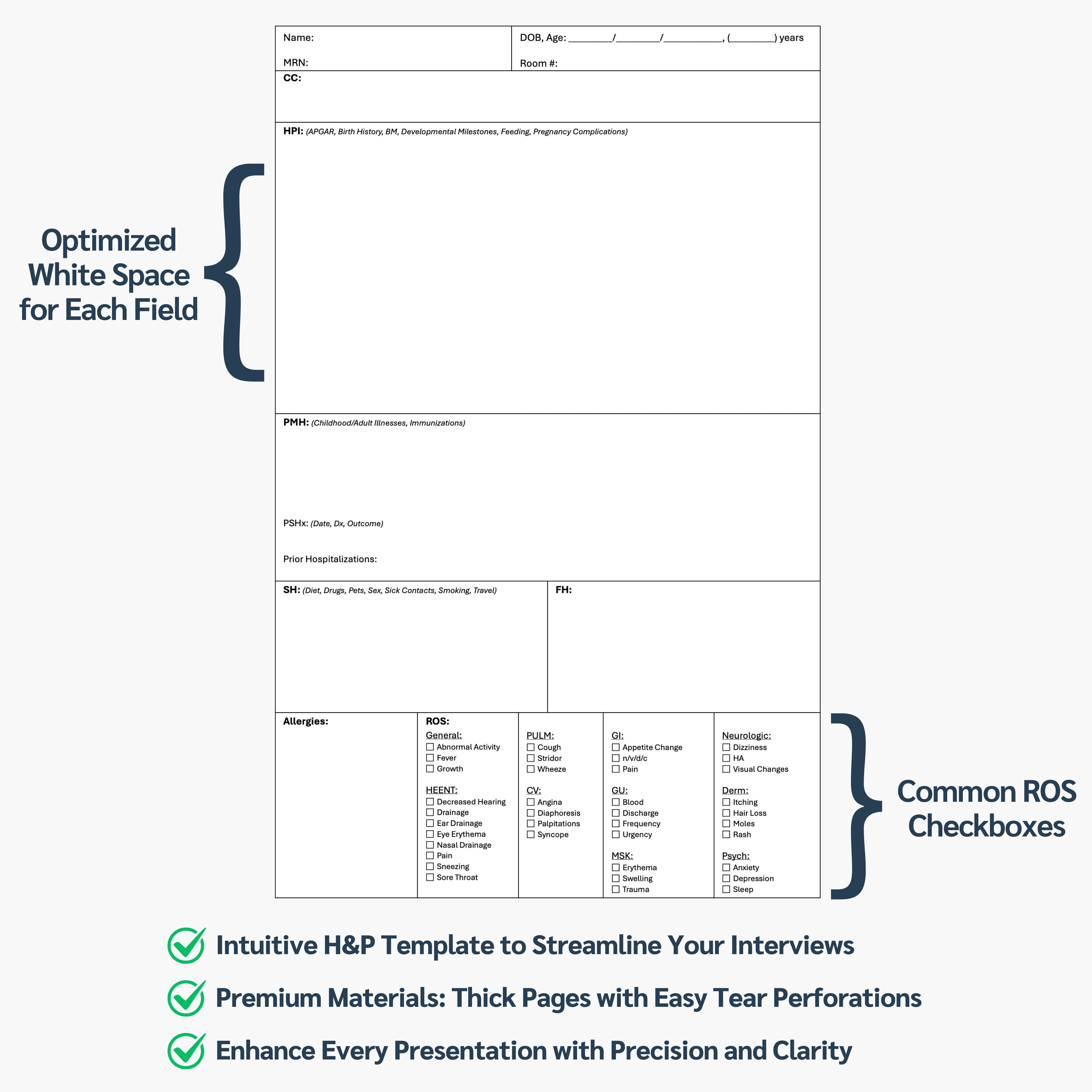Pediatrics H&P Notebook: 110 Perforated Medical History & Physical Templates, 2-Page View, Pocket Size 8.5"x5.5", Includes Medicine Reference Sheet, Ideal for Students & Professionals, 1 Pack