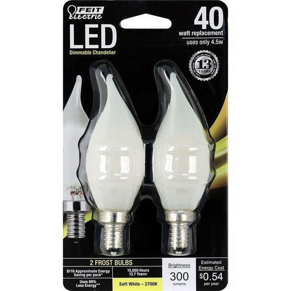 Feit Electric 7610470 4.5 Watt Equivalent Frost Dimmable Chandelier Flame Tip Candelabra Base LED Light Bulb
