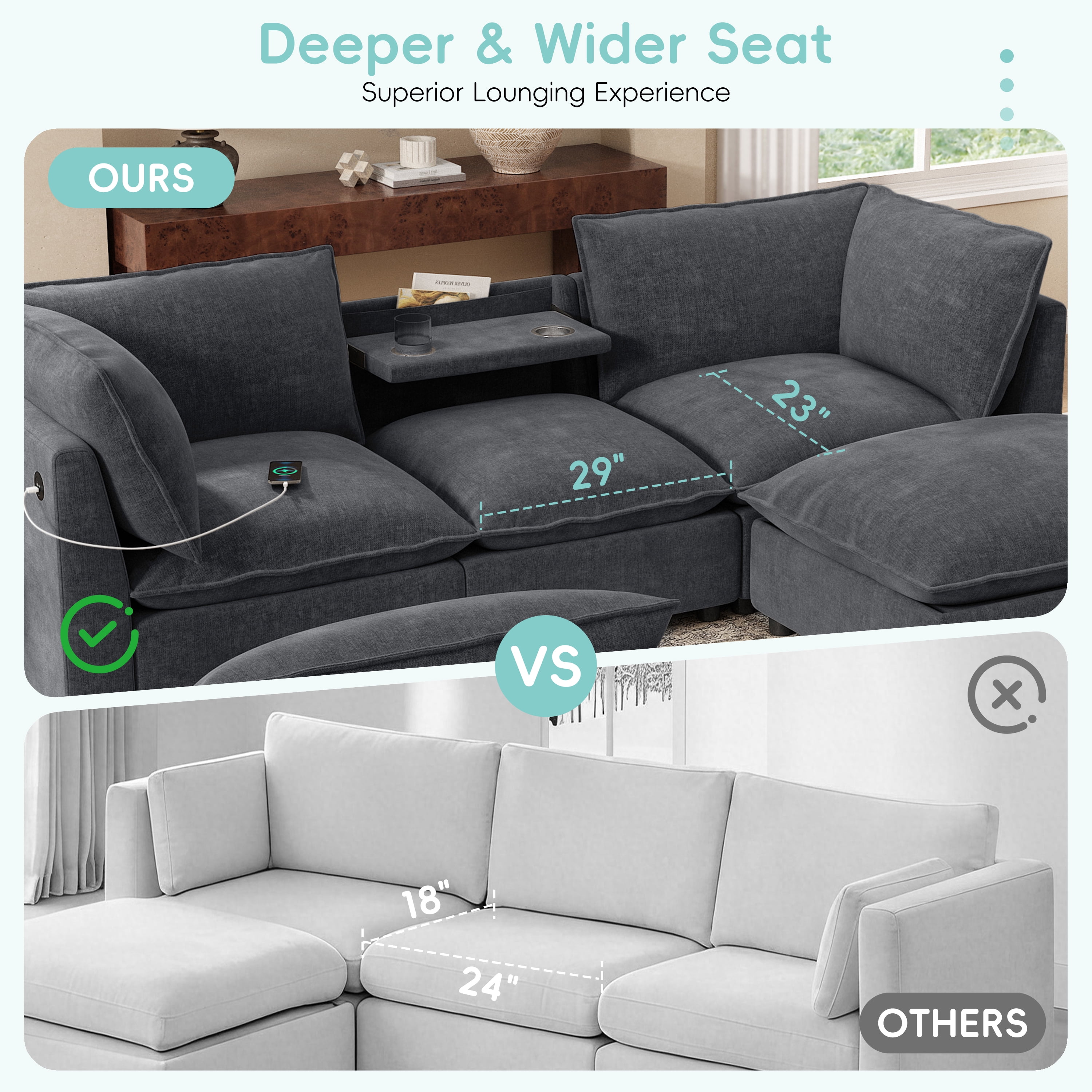 GARITIN Modular Sectional Sofa 98 Inch, U Shaped Cloud Couch with Movable Storage Ottoman and Fold Down Backrest Table, Gray