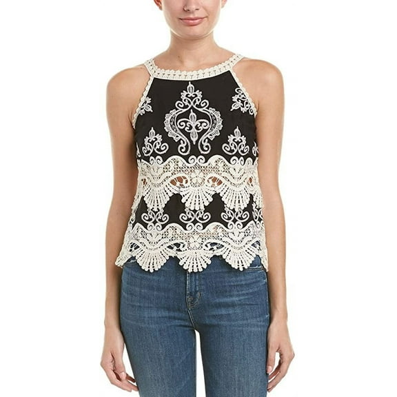 Romeo and Juliet Couture BLACK/WHITE Women's Lace Neck and Trim Top, US Medium