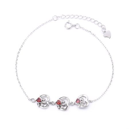 Garnet Gemstones Paw Print Hearts (Animal Lovers) Bracelet in 14K White Gold Plated
