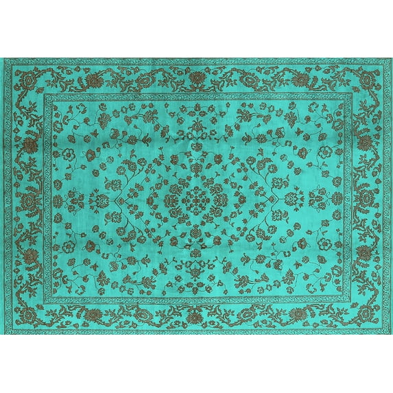 Ahgly Company Machine Washable Indoor Rectangle Oriental Turquoise Blue Industrial Area Rugs, 3' x 5'