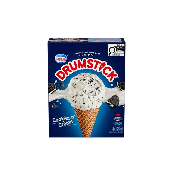 DRUMSTICK Cookies 'n Crème Cone, Vanilla & Chocolate Cookie Crunch Frozen Dessert, 4 x 125 ml