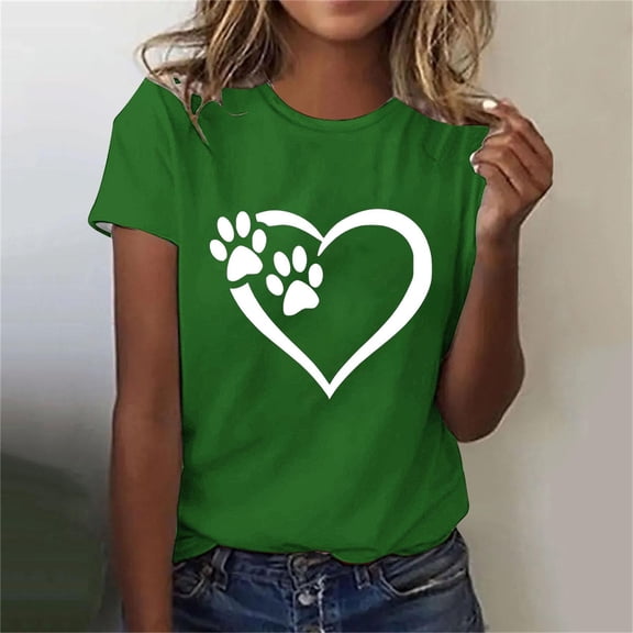 Lilgiuy National Pet Day Dog Paw Heart Graphic Tees for Women Summer Cute Dog Mom Graphic T-Shirts Casual Short Sleeve Soft Comfortable Tshirt Blouse Tops for Hanging Out(Green,M)