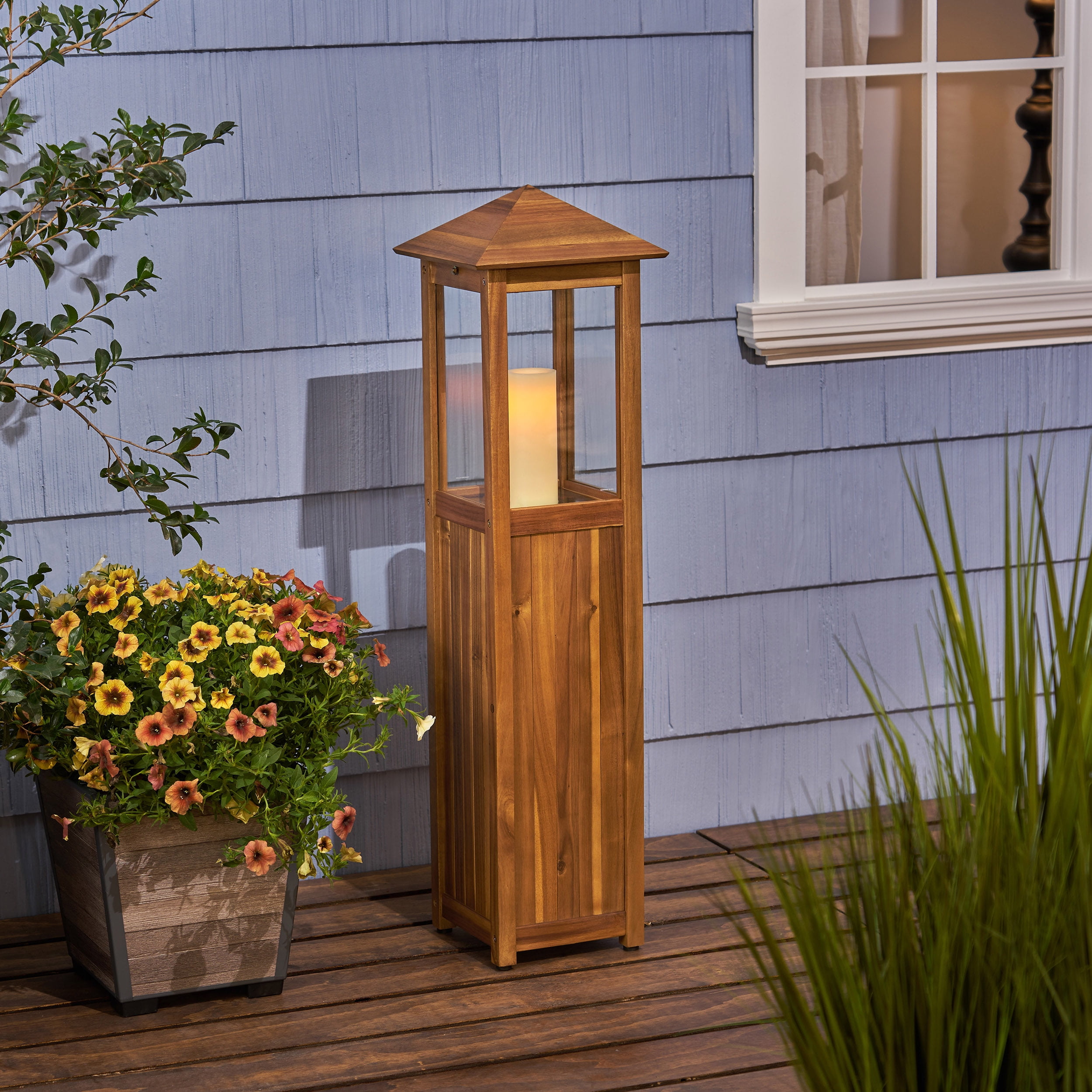 Hugo Outdoor Acacia Wood Candle Lantern, Teak - Walmart.com - Walmart.com