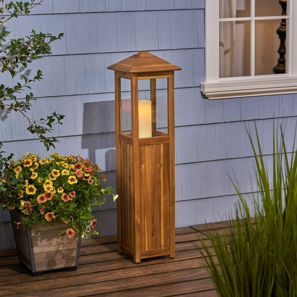 Hugo Outdoor Acacia Wood Candle Lantern, Teak