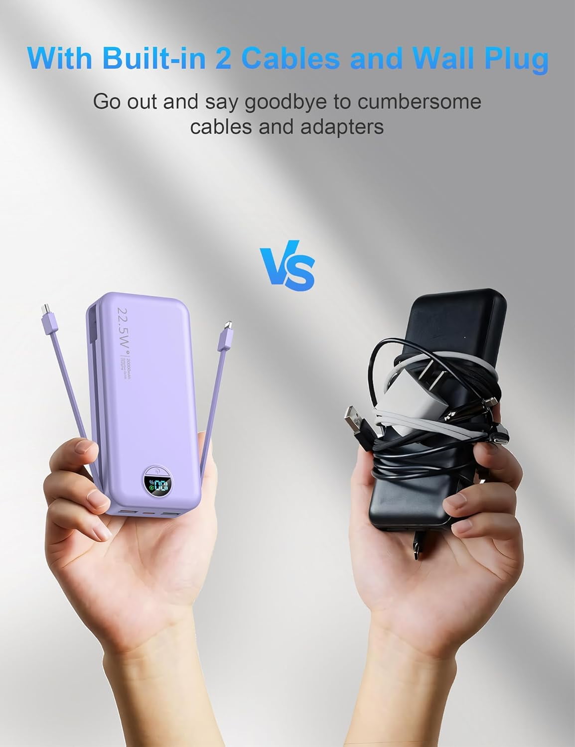 Portable Charger with Wall Plug, 20000mAh USB C Fast Charging, External Battery Pack with Built in Cables, Digital Display, 5 Output 2 Input for iPhone Android Cell Phone Tablet