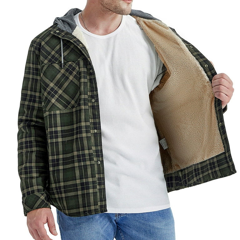 YYDGH Men's Full Zip Fleece Shirt Jackets Fleece Lined Button Down Coats  Soft Warm Shackets Hooded Drawstring Outwear 