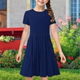 thumbnail image 4 of Kids Wedding Guest Dress Girl's Summer Short Sleeve Midi Dresses Casual Solid Color Crew Neck T-Shirt Dresses Flowy A-Line Beach Sundress New Navy 13T, 4 of 9