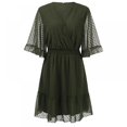 thumbnail image 1 of Femmes Mini Robe Taille Élastique Volants Robe de Soirée Ample Fit Dot Print V Cou Manches Courtes Robe Fluide, 1 of 9