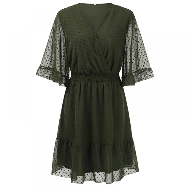 Femmes Mini Robe Taille Élastique Volants Robe de Soirée Ample Fit Dot Print V Cou Manches Courtes Robe Fluide