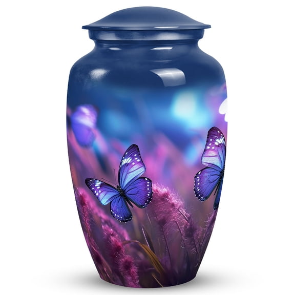 Butterfly On Purple Meadow - Handcrafted Memorial Urns - 10Inch - Large - Urns For Human Ashes Adult Female - Cremation Burial Urns - Miniature Urns For Human Ashes - Decorative Metal Urns