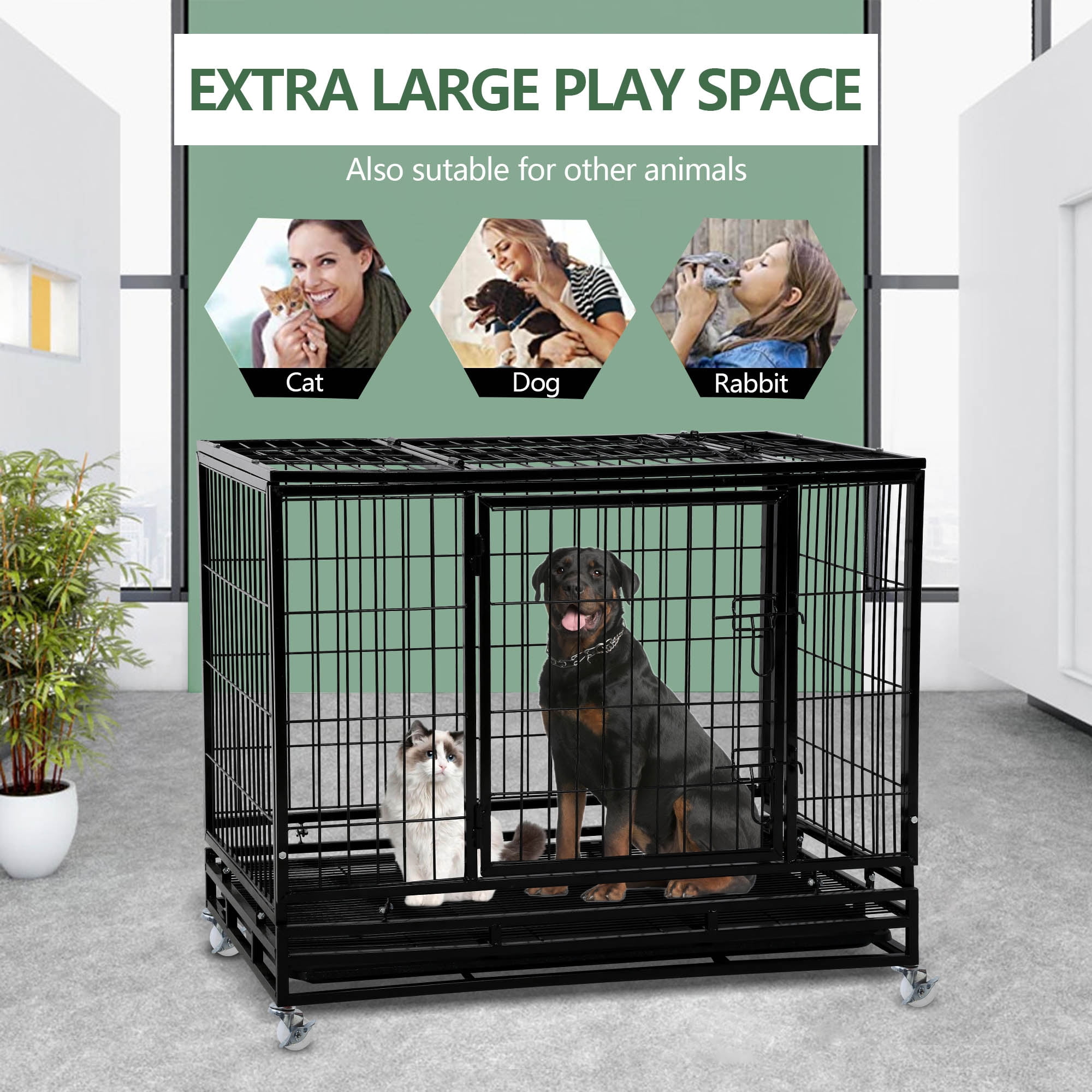 CL.HPAHKL 42 Inch Dog Crate, Heavy Duty Dog Kennel with Lockable Wheels Wire Dog Crate with Double-Door,Divider Panel, Removable Tray Indestructible Dog Crates Dog Cage for Large Medium Dogs, Black