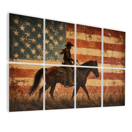 Patriotic 8 Pack Art Acoustic Panels Sound Absorbing 4th of July Rustic Cowboy Riding Horse Vintage American Flag Decorative Soundproof Wall Panels Self Adhesive for Game Room Man Cave 48 x32