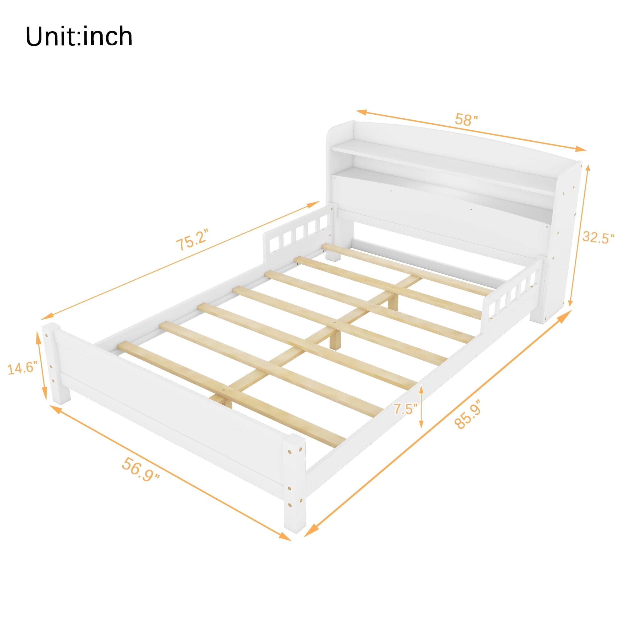 Sailvan Full Pine Wood Bed with Bookcase Headboard, LED Motion Sensor Light & Bed Guardrails