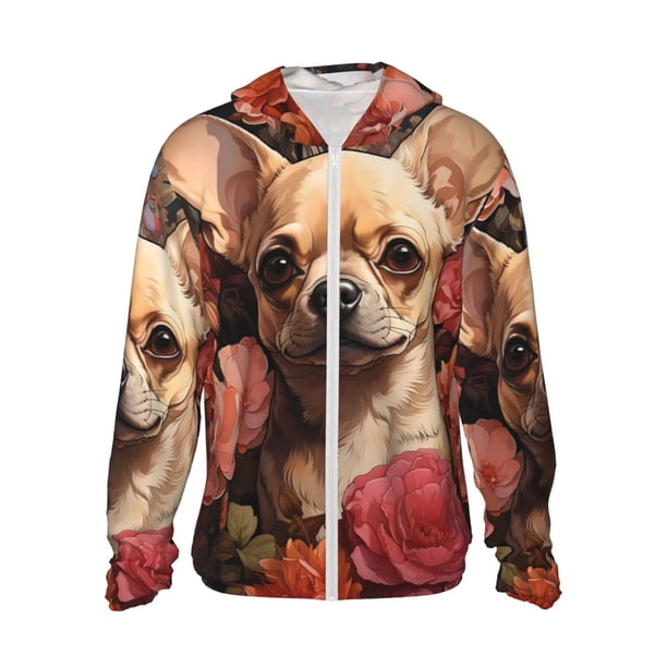 Fotbe Vintage Red Flower Chihuahua Chaqueta con Protección Solar UPF 50+ para Hombre y Mujer, Camisa con Capucha y Bolsillos-Large