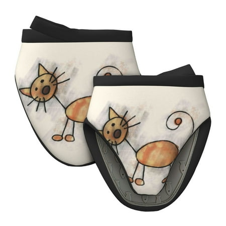 

Tebeau Brown Cat Cartoon Print Short Oven Mitts Heat Resistant Silicone Kitchen Mini Oven Mitts Non-Slip Grip Surfaces and Hanging Loop Gloves