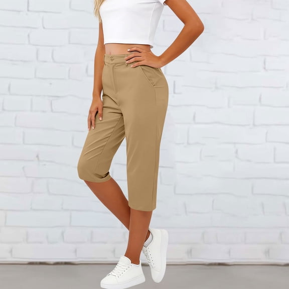 Karight Capri Pants for Women Summer High Waisted Cotton Elastic Waist Dressy Casual Office Work Capris Trousers Pants