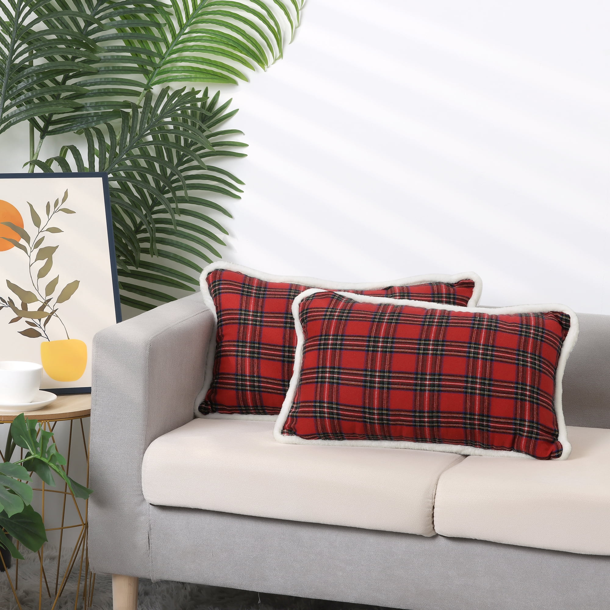 Unique Bargains 2 Pack Plaid Pillow Covers Double-Sided Checked Decorative Pillow Covers Red 12" x 20"