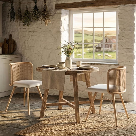 LAZZO Rattan Dining Chairs Set of 2, Farmhouse Boho Faux Leather Chairs with Metal Legs for Kitchen, Dining Room, White