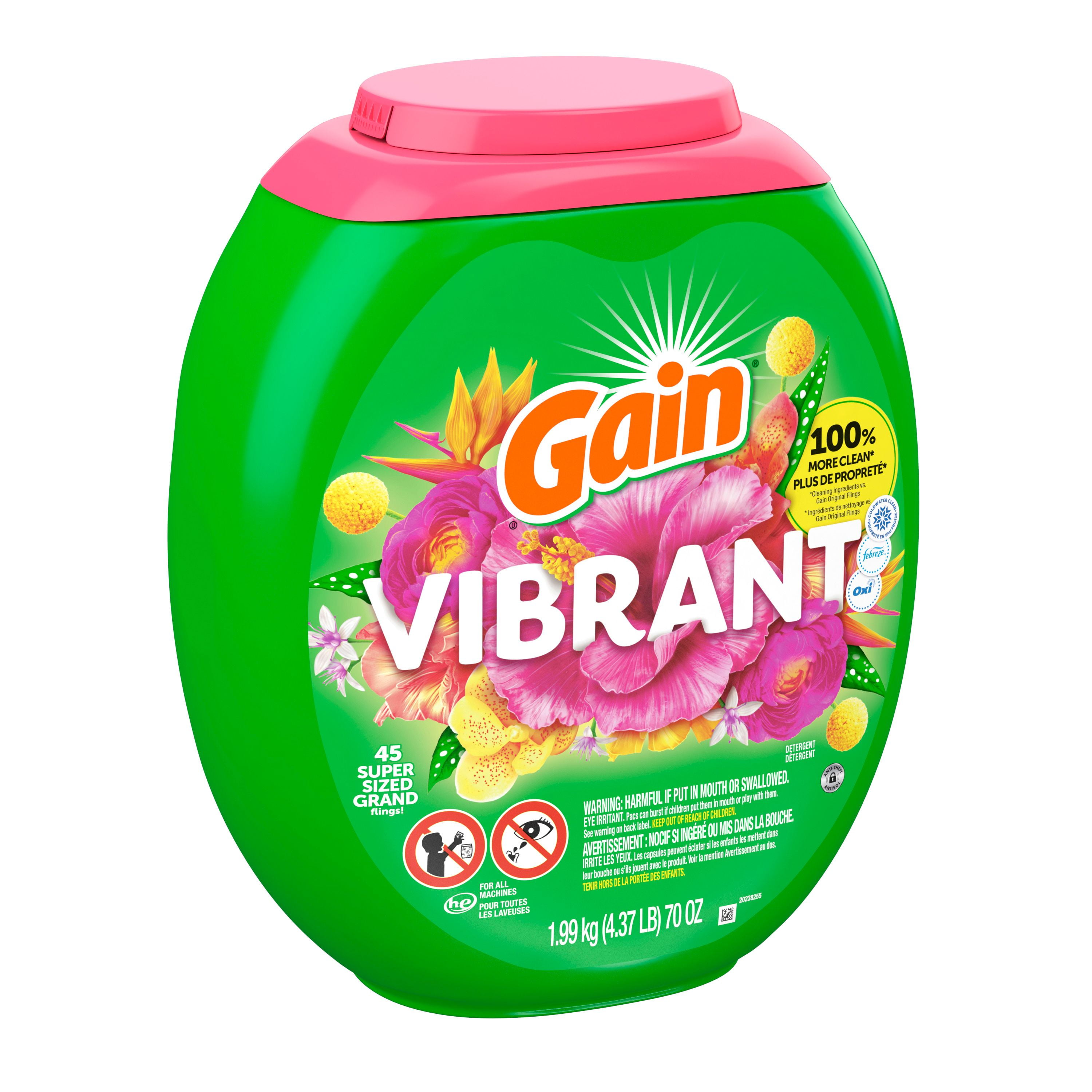Capsules de détergent à lessive Gain Flings grande taille, 3 en 1 avec Febreze et Oxi, parfum Vibrant 45CT