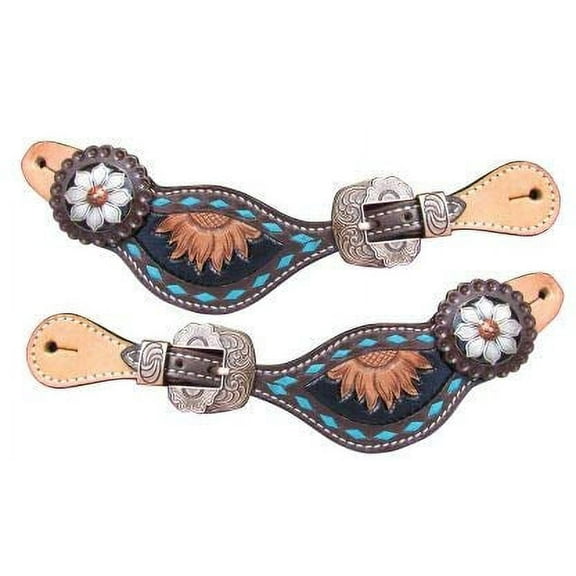 Showman Ladies Sunflower Tooled Spur Straps w/ Turquoise Buckstitch Trim