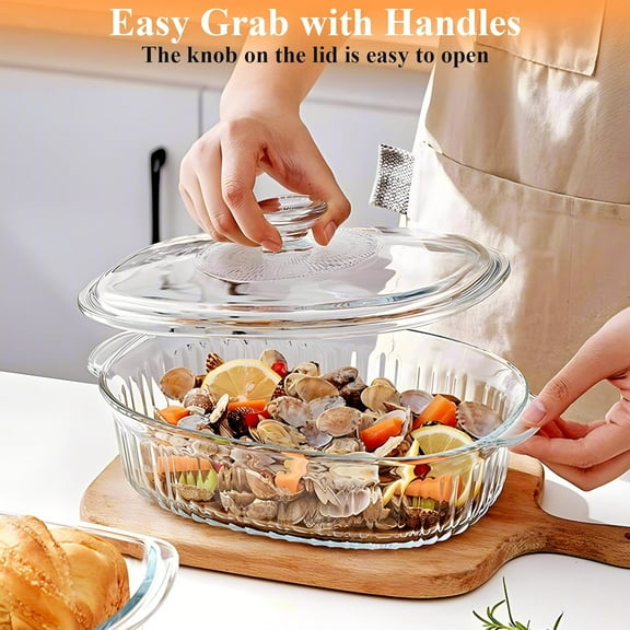 2.8 L Oval Glass Casserole Dish with Lid for Oven, Microwave, Dishwasher