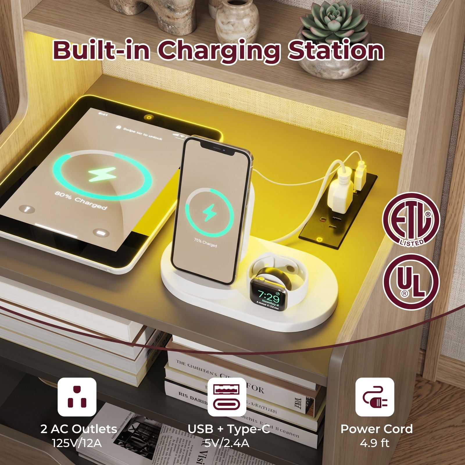 Furnibear Nightstand with RGB LED Light and Charging Station and 2 Drawers for Bedside Storage in the Bedroom and Living Room, Black