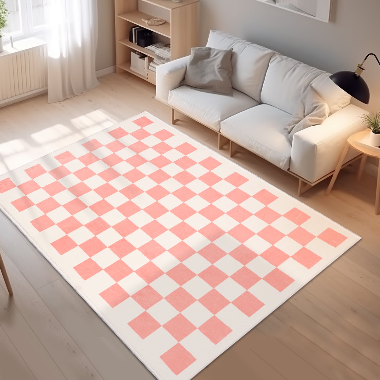 Area Rugs for Bedroom Living Room, 3' x 5' Checkered Rug Retro Checkerboard Moroccan Rug Lightweight Outdoor Washable Carpet Rustic Decor for Living Room Bedroom Kitchen Patio(Pink/White)