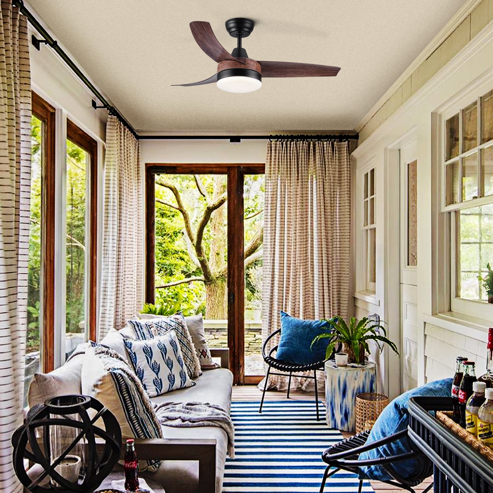 Leumius 42" Farmhouse Rustic LED Ceiling Fan with Brown Wood Grain ABS Blades and Remote Control for Living Room Bedroom