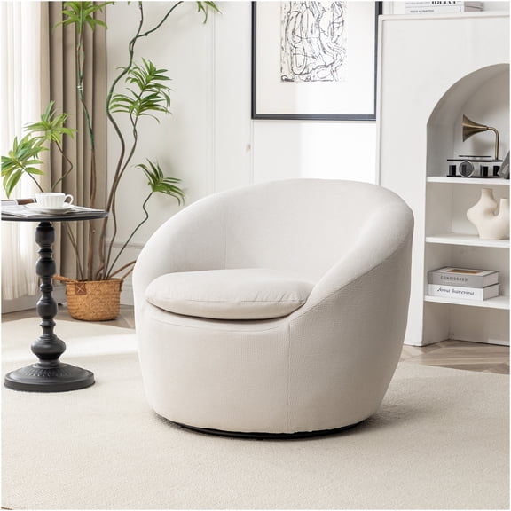 JERFIT Modern Swivel Barrel Chair, 360-Degree Rotation Fabric Accent Armchair with Padded Armrests for Living Room, Bedroom, Office, Beige