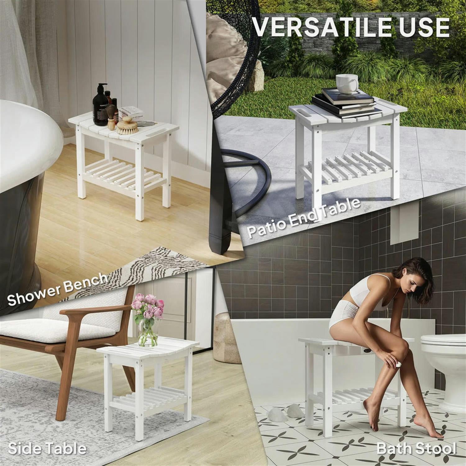 Demi Bonn 20" HDPE Shower Bench, Waterproof Stool with Handle, Storage Shelf, Non-Slip Pads, Indoor/Outdoor for Bathroom, White