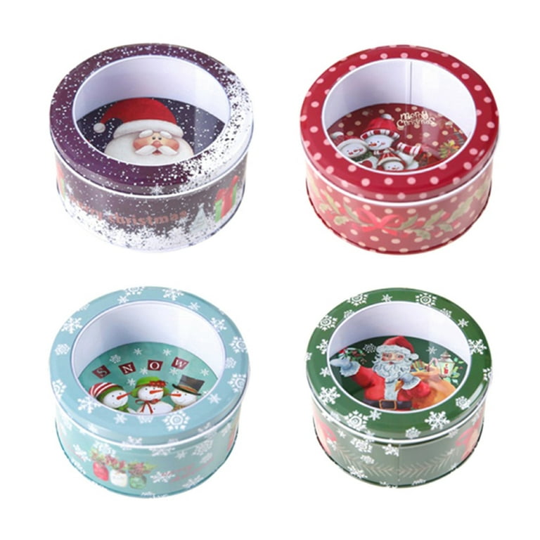 CLEARANCE! Christmas Themed Metal Round Tin Case Containers Cookie Tin Box  with Clear Window Lids Holiday Decorative Box