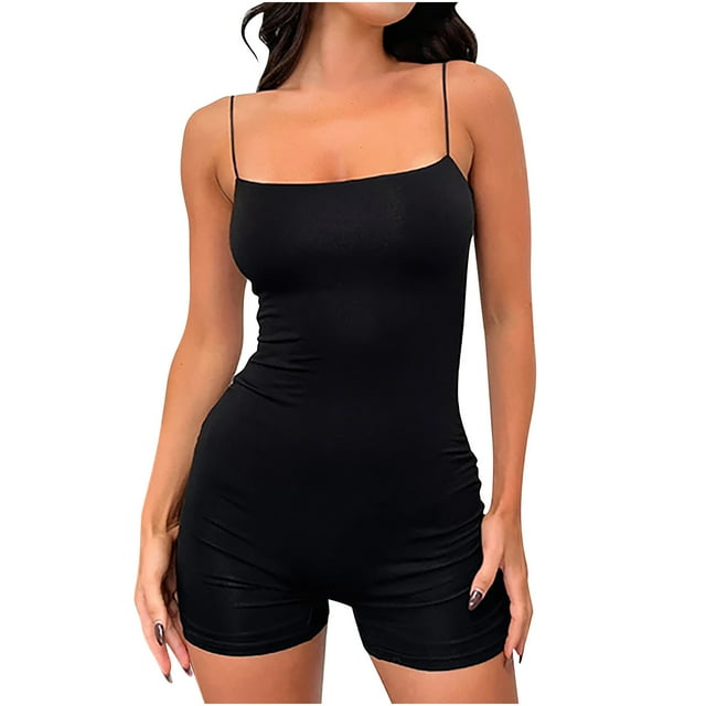 Timegard Womens Bodysuits Square Neck Spaghetti Strap Slim Fitting Comfy Short Rompers Summer Casual