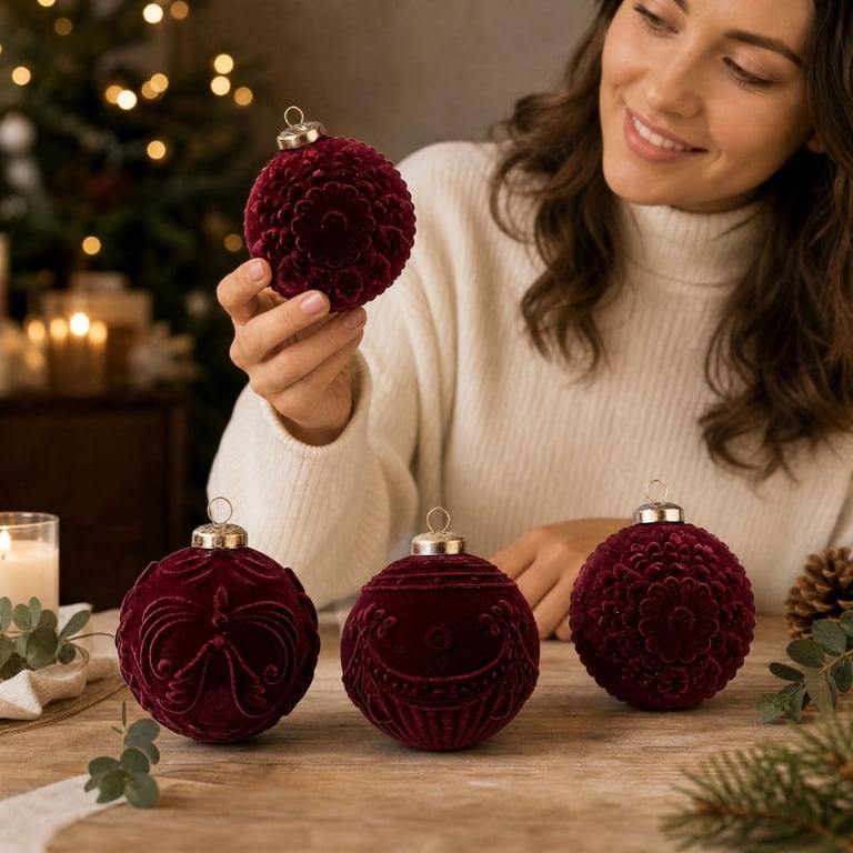 Embossed Flocked Christmas Ornament Balls 9 Pack, Multi Color Xmas Tree ...