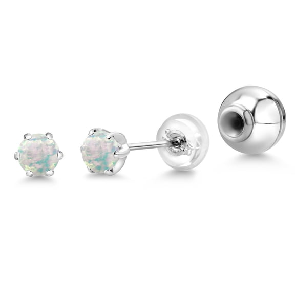 Gem Stone King Platinum White Opal Stud Earrings for Women Men (0.50 Cttw, Gemstone October Birthstone, Round Cabochon 4MM)