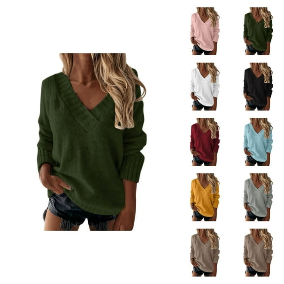 Pullover Sweaters for Women 2025 Long Sleeve V Neck Loose Plain Knitted Sweater Jumper Tops Fall Winter Outfits