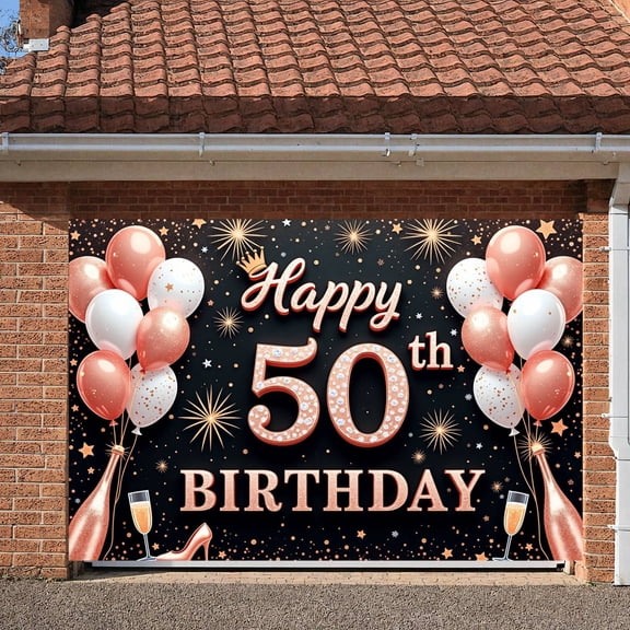 Rose Gold Happy 50th Birthday Banner White Balloons 50th Birthday Display Golden Sparkles Crown Design Birthday Celebration Backdrop for 50th Birthday Party Milestone Celebration Indoor Decoration