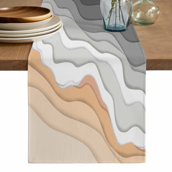Grey Geometric Beach Table Runner, Ombre Waves Moire Abstract Art Washable Cotton Linen Table Runners 48 Inches Long, Dresser Scarf Runner for Nightstand/Coffee/End Tables 13''x48''