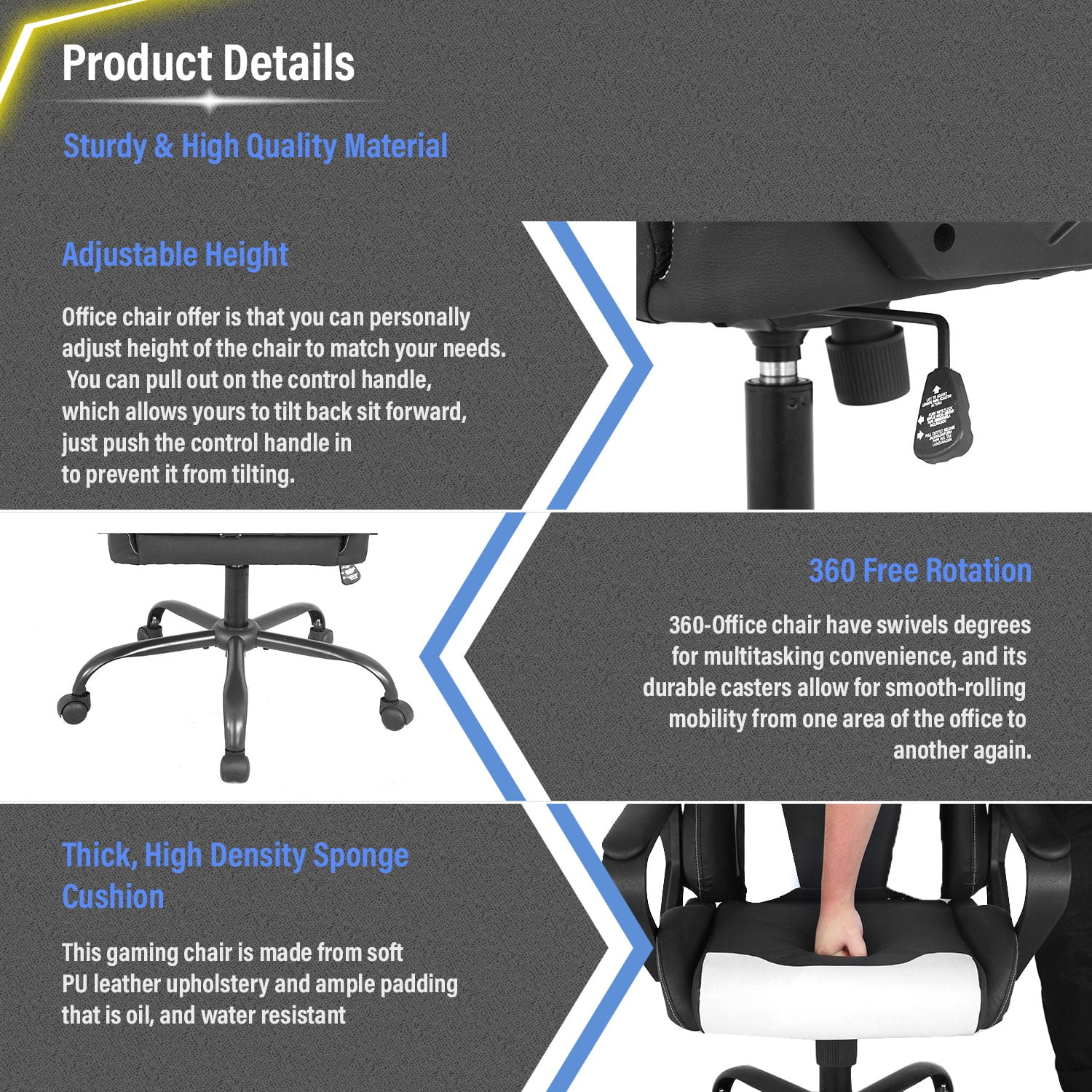 Furniture of America Blitz Faux Leather Gaming Chair, Black and White