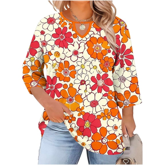 Fmbrln Womens Plus Size Tops 3/4 Sleeve Cutout V Neck Floral Print T-Shirts Summer Casual Loose Fit Beach Vacation Blouses