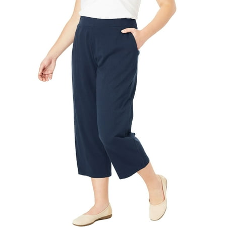 Womens Black Cropped Pants - Woman Within Plus Size Wide Leg Cropped Relaxed Knit Pant