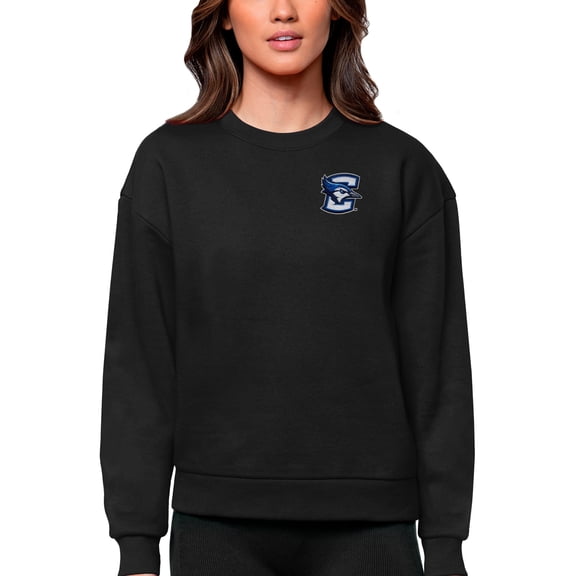 Women's Antigua Black Creighton Bluejays Logo Victory Crewneck Pullover Sweatshirt