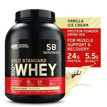 Optimum Nutrition Gold Standard 100% Whey Protein Powder, Vanilla Ice Cream, 24g Protein, 58 Servings