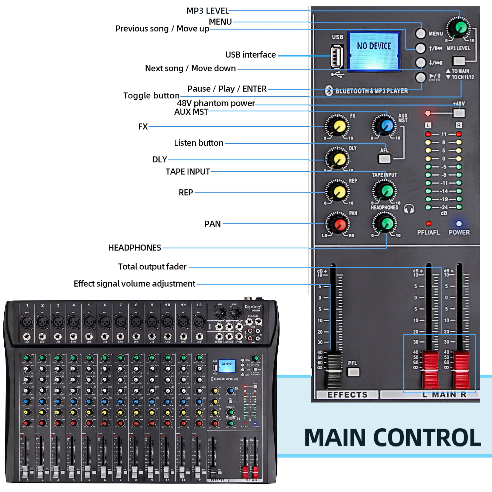 Depusheng DT12 Professional Audio Mixer 12 Channel DJ Sound Controller Interface w/USB Drive for Computer Recording Input, XLR Microphone Jack, 48V Power, RCA Input/Output