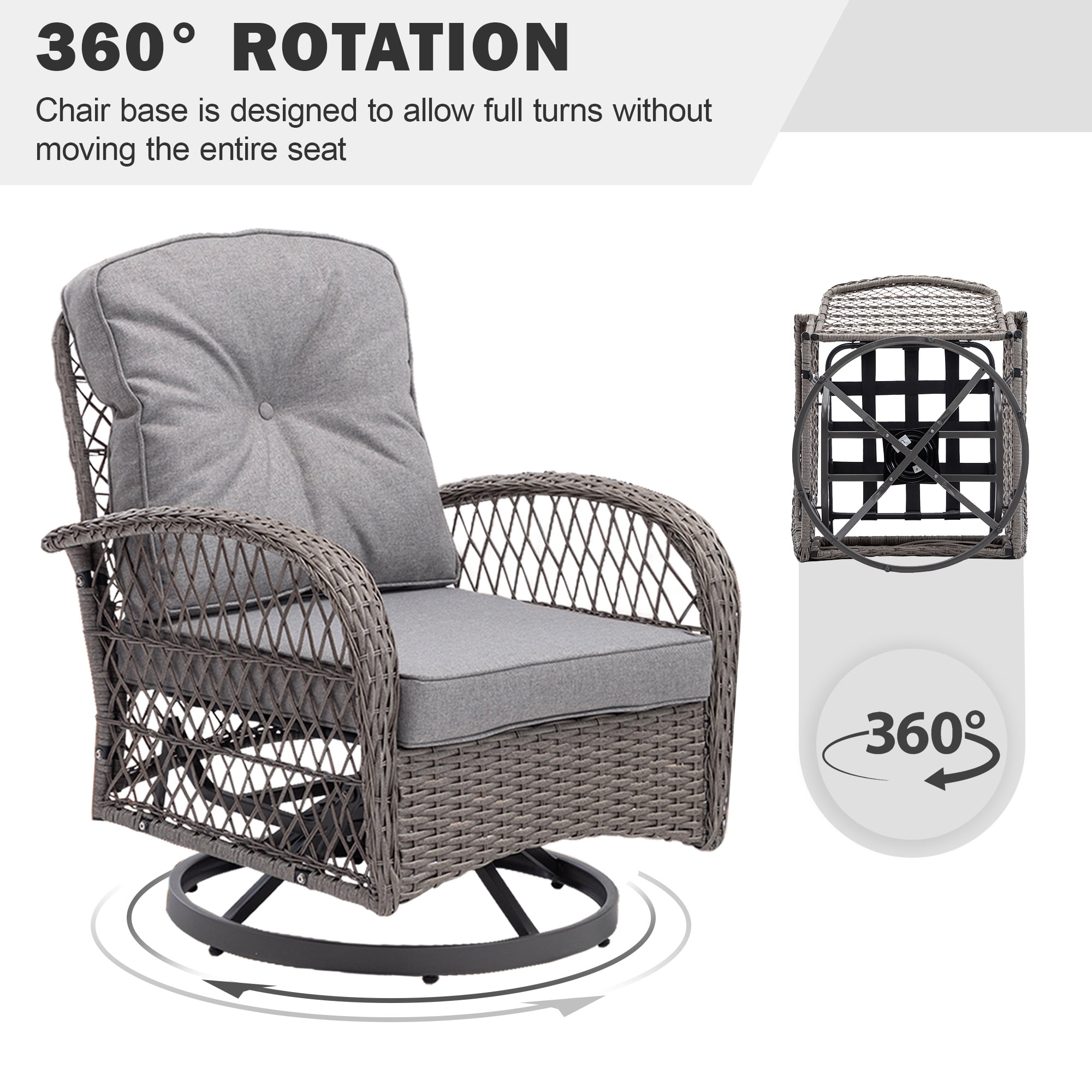 Patio Furniture Rocking Chairs Set, 3 Pieces Rattan Outdoor Furniture Cushioned, Patio Conversation Swivel Glider Rocker with Swivel Glider Rocker, Gray