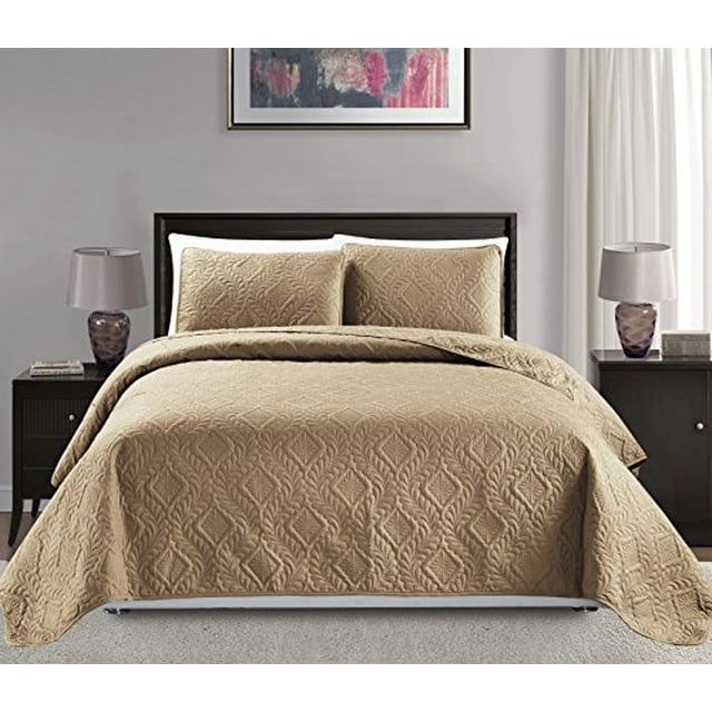 Mk Collection Full/Queen Size over size 100"x106" 3 pc Diamond Bedspread Bed-cover Embossed solid Taupe New